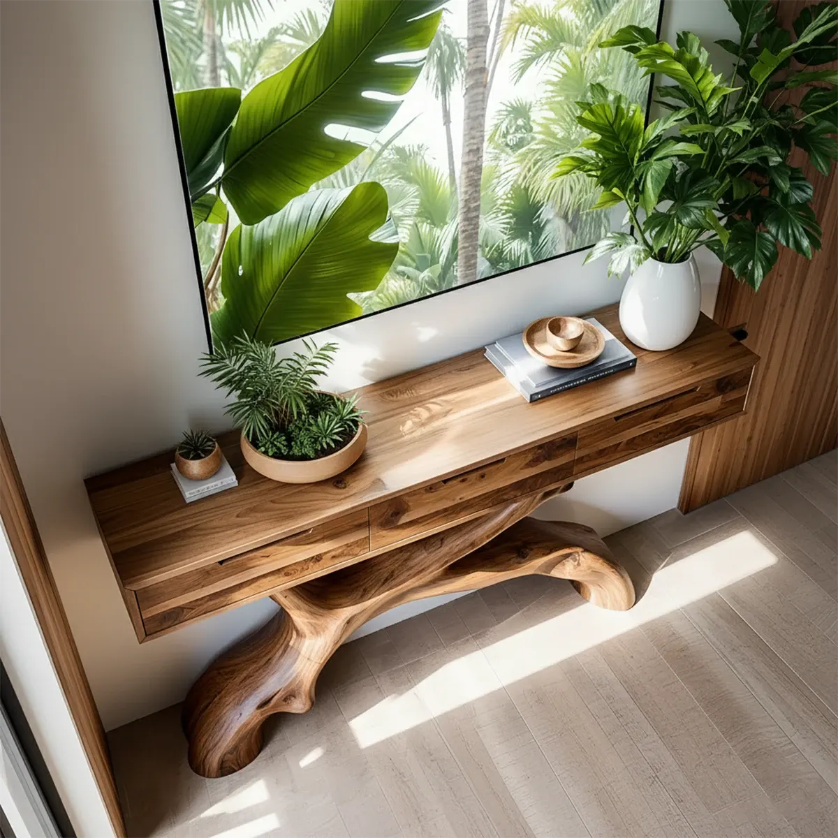 Solid Wood Console Table with Branch-Sculpted Base & Drawers - Rustiracraft