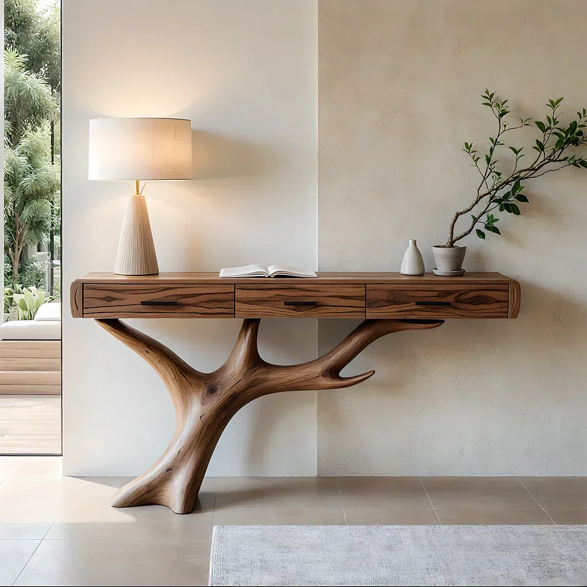 Solid Wood Console Table with Branch-Sculpted Base & Drawers - Rustiracraft