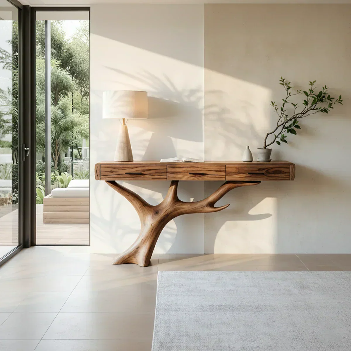 Solid Wood Console Table with Branch-Sculpted Base & Drawers - Rustiracraft