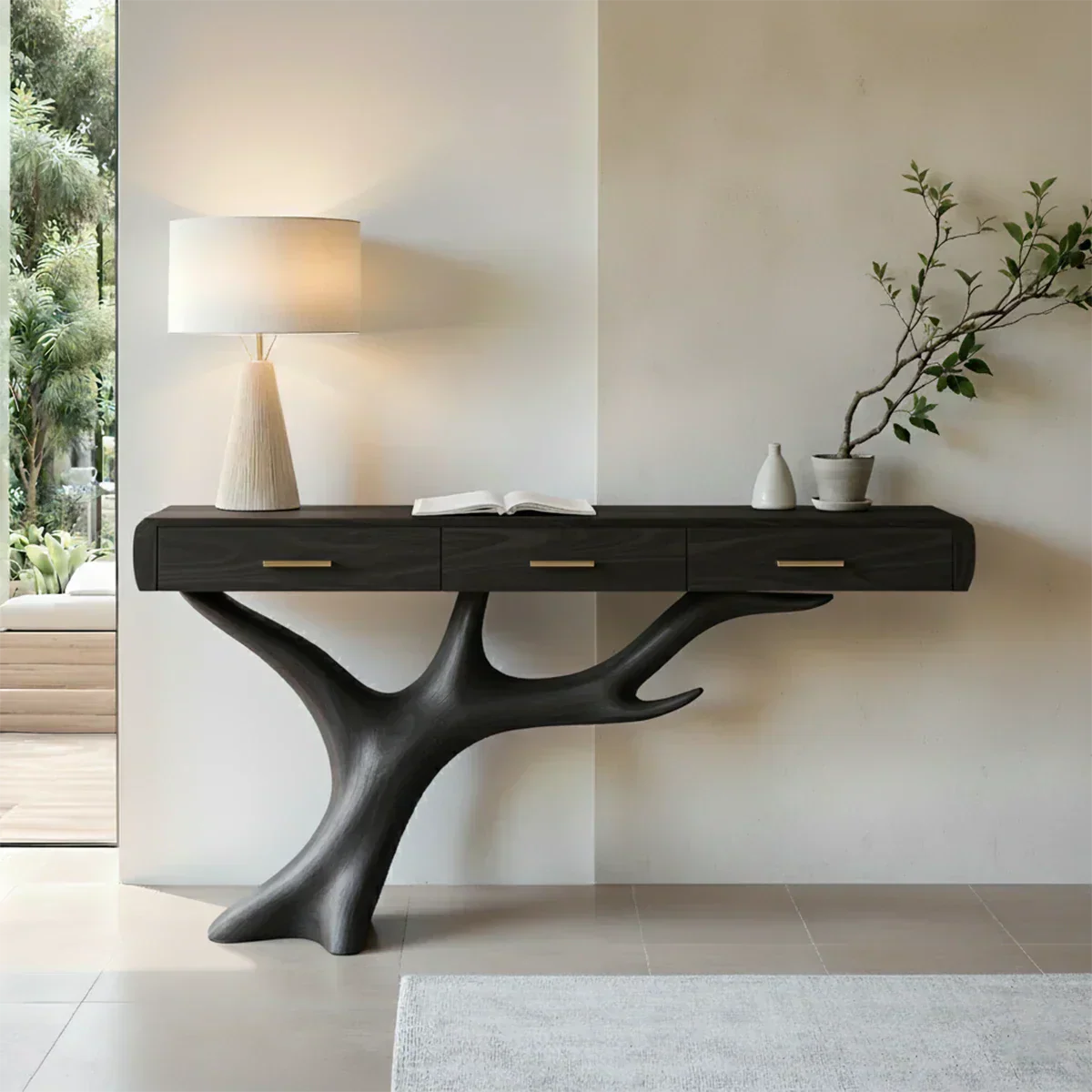 Solid Wood Console Table with Branch-Sculpted Base & Drawers - Rustiracraft