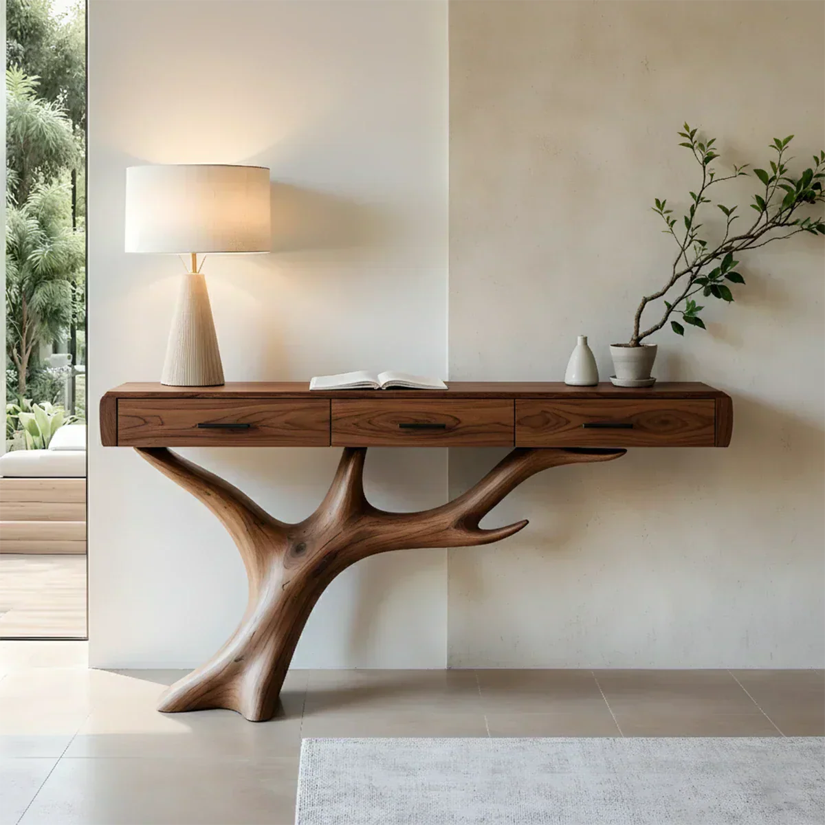 Solid Wood Console Table with Branch-Sculpted Base & Drawers - Rustiracraft