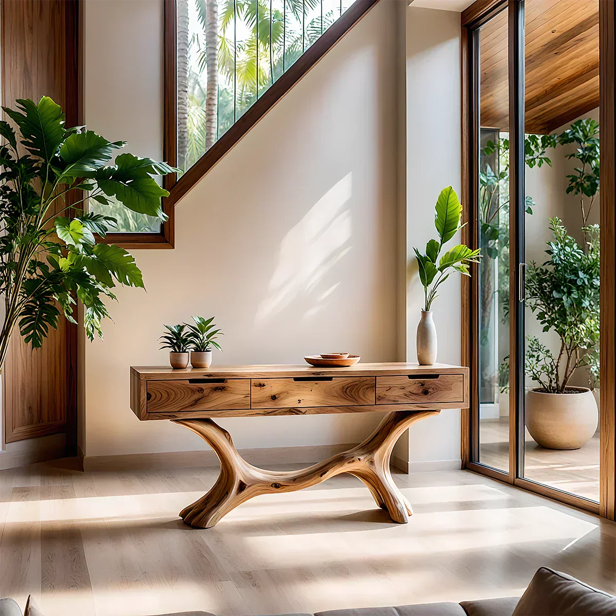 Solid Wood Console Table with Branch-Sculpted Base & Three Drawers - Rustiracraft