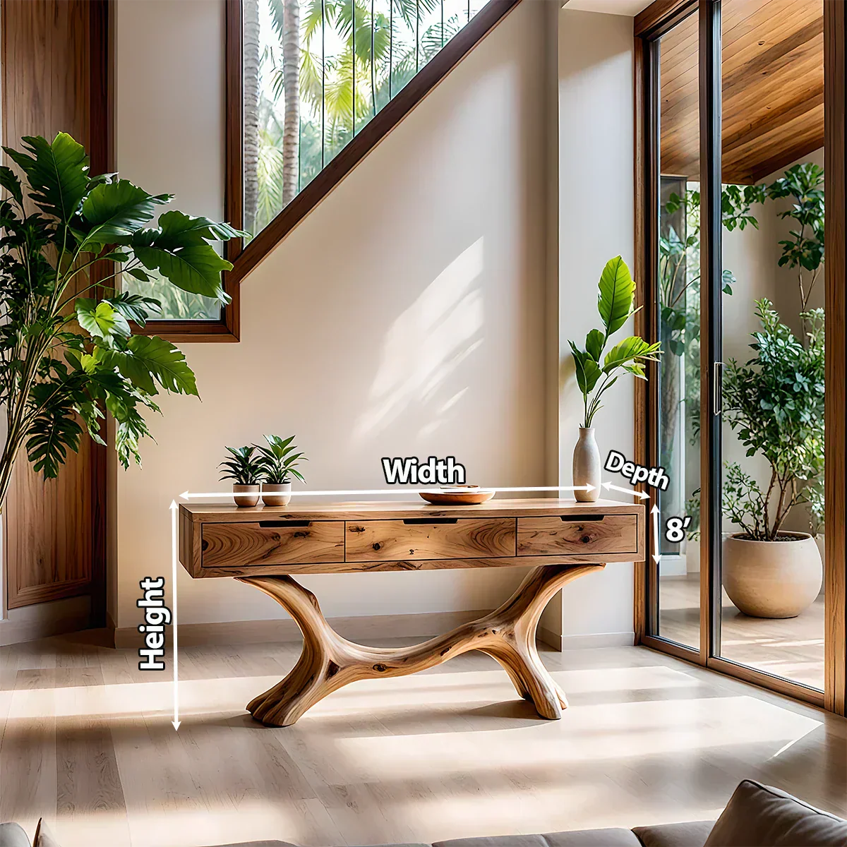 Solid Wood Console Table with Branch-Sculpted Base & Three Drawers - Rustiracraft