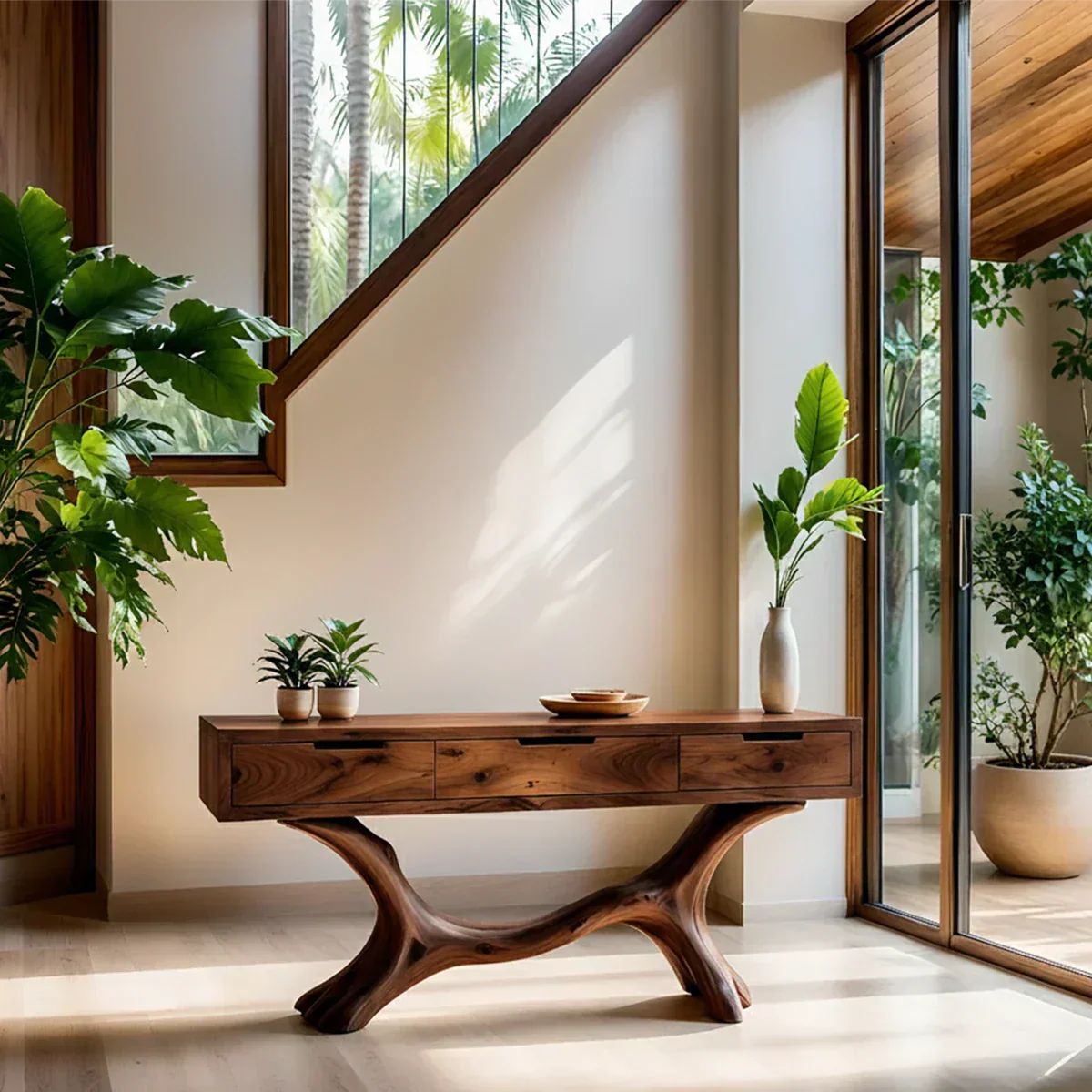 Solid Wood Console Table with Branch-Sculpted Base & Three Drawers - Rustiracraft
