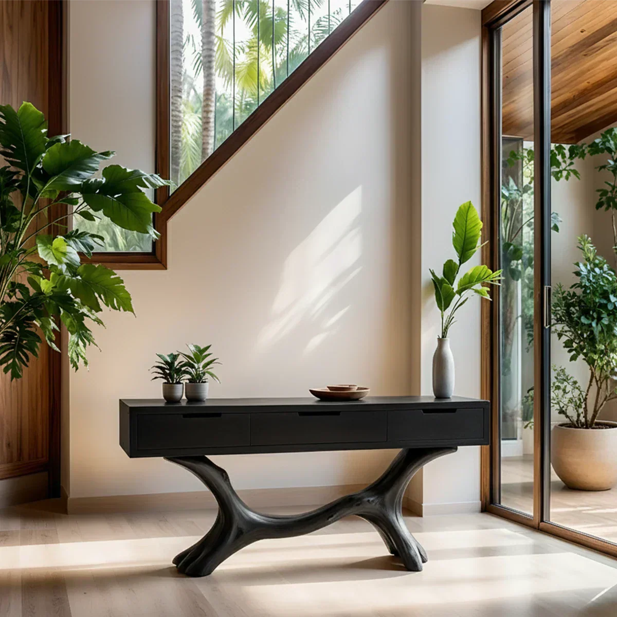 Solid Wood Console Table with Branch-Sculpted Base & Three Drawers - Rustiracraft