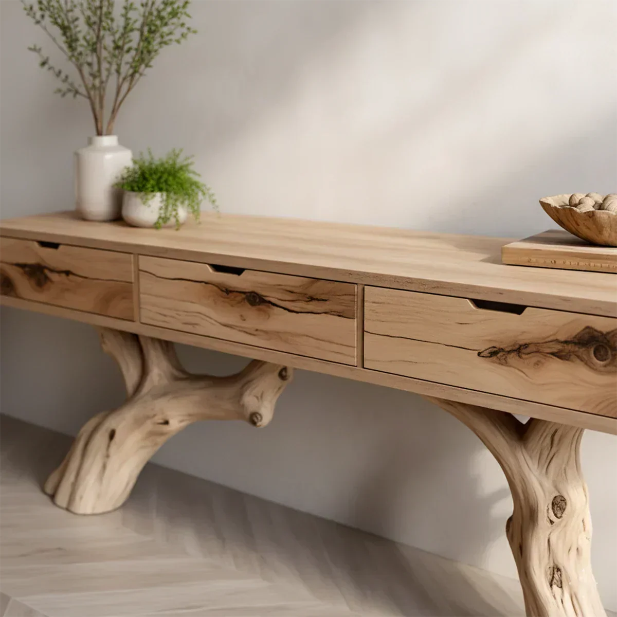 Solid Wood Console Table with Branch-Style Base & Hidden Pull Drawers - Rustiracraft