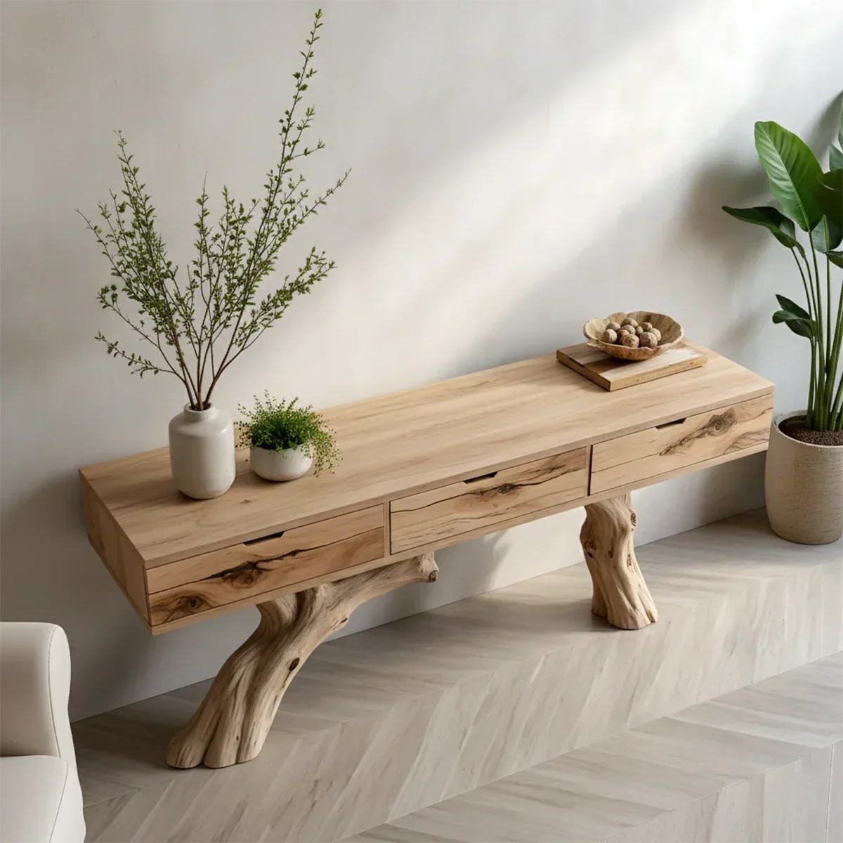 Solid Wood Console Table with Branch-Style Base & Hidden Pull Drawers - Rustiracraft