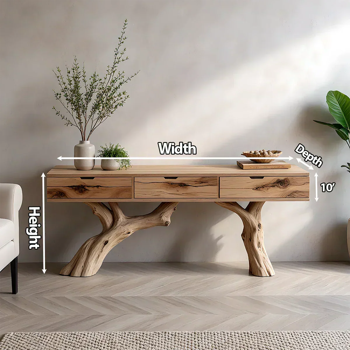 Solid Wood Console Table with Branch-Style Base & Hidden Pull Drawers - Rustiracraft