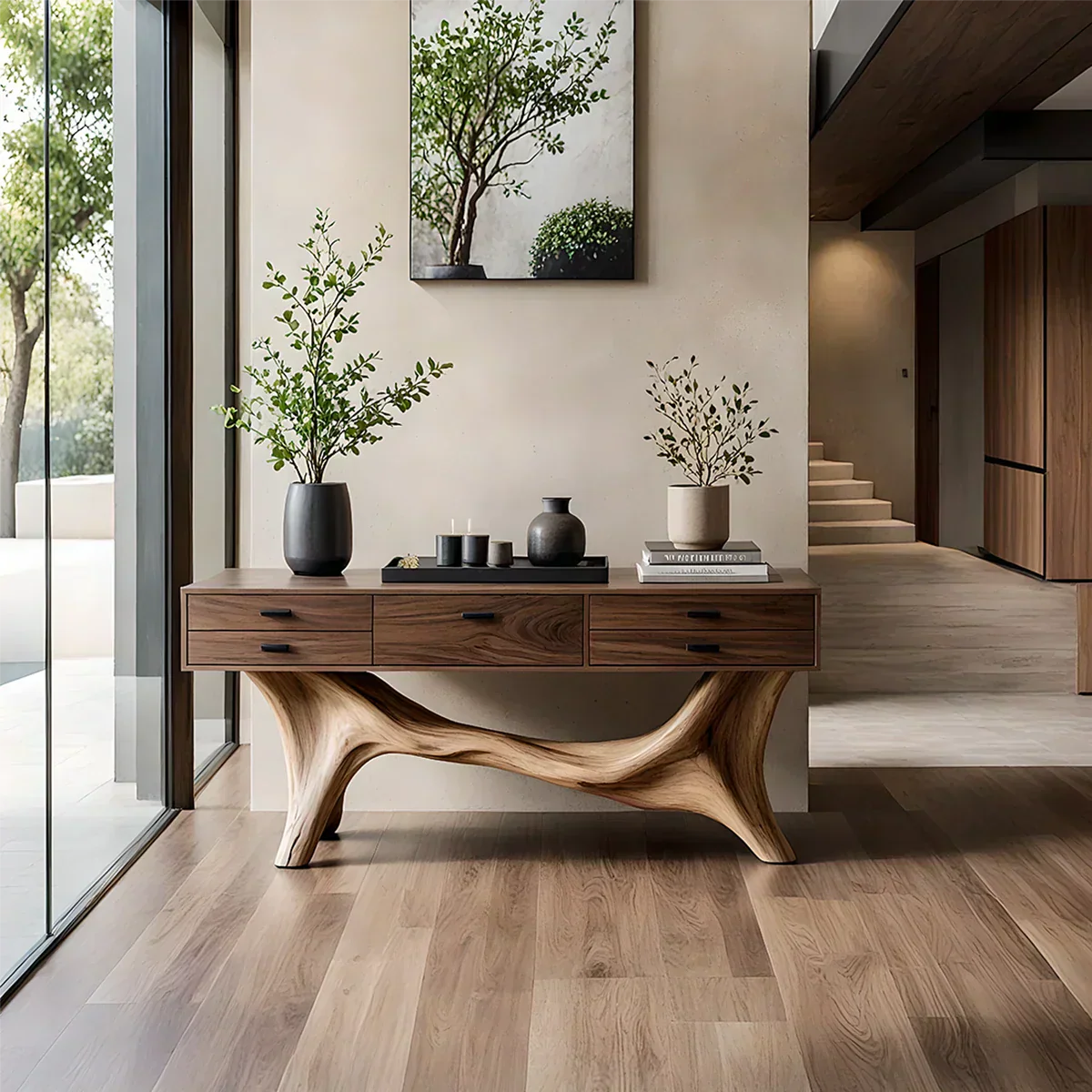 Solid Wood Console Table with Curved Branch Base & Drawers - Rustiracraft