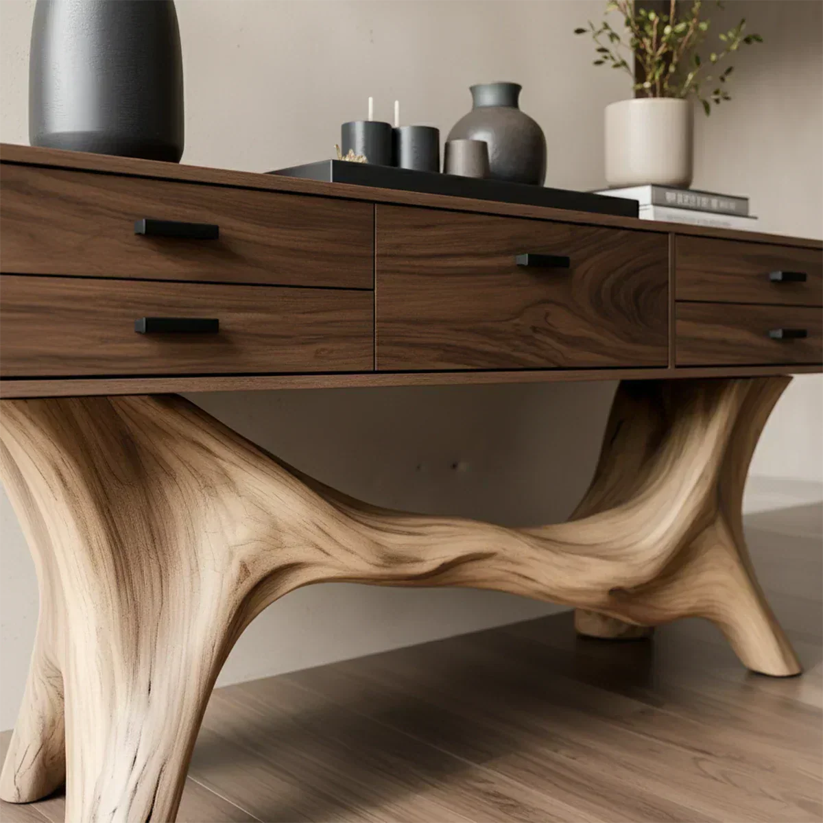 Solid Wood Console Table with Curved Branch Base & Drawers - Rustiracraft
