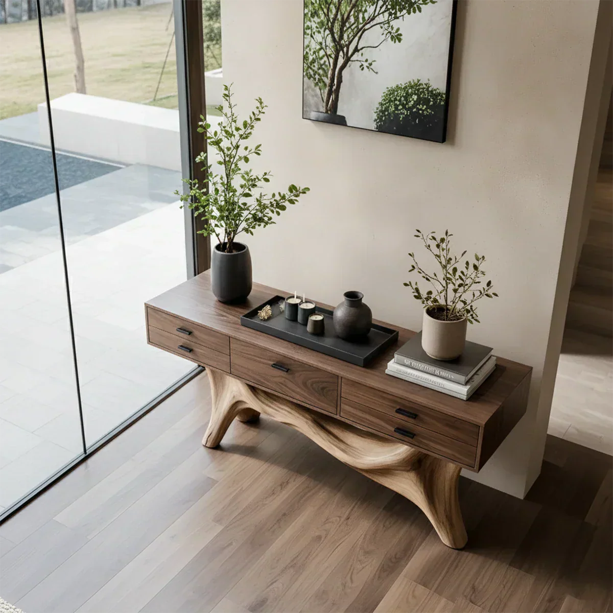 Solid Wood Console Table with Curved Branch Base & Drawers - Rustiracraft