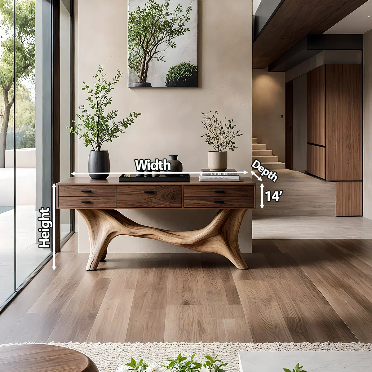 Solid Wood Console Table with Curved Branch Base & Drawers - Rustiracraft
