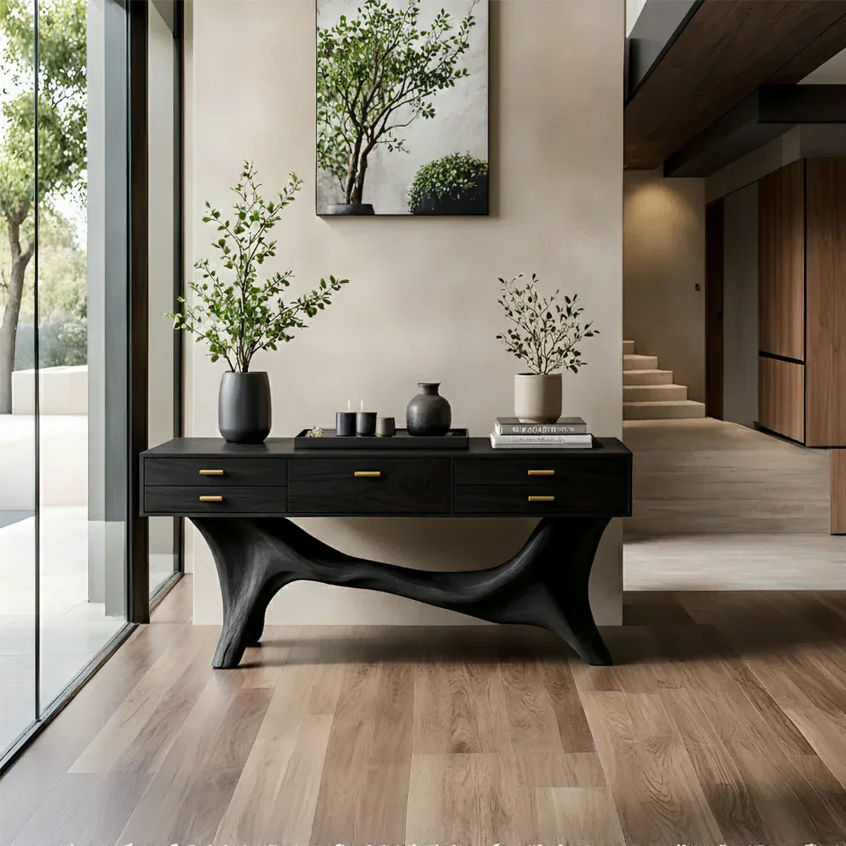Solid Wood Console Table with Curved Branch Base & Drawers - Rustiracraft