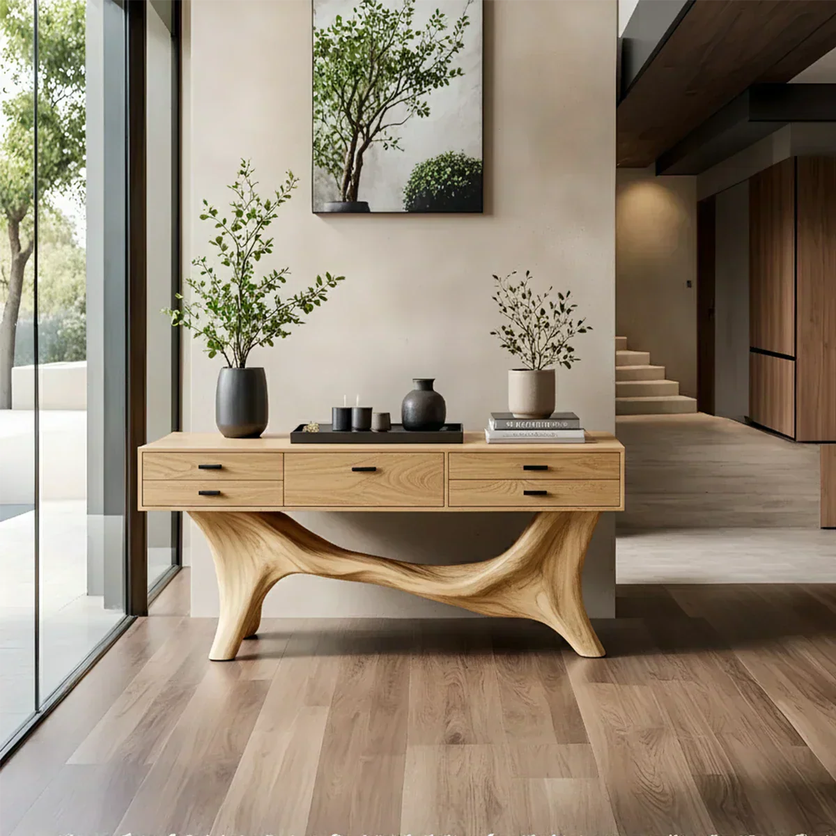 Solid Wood Console Table with Curved Branch Base & Drawers - Rustiracraft