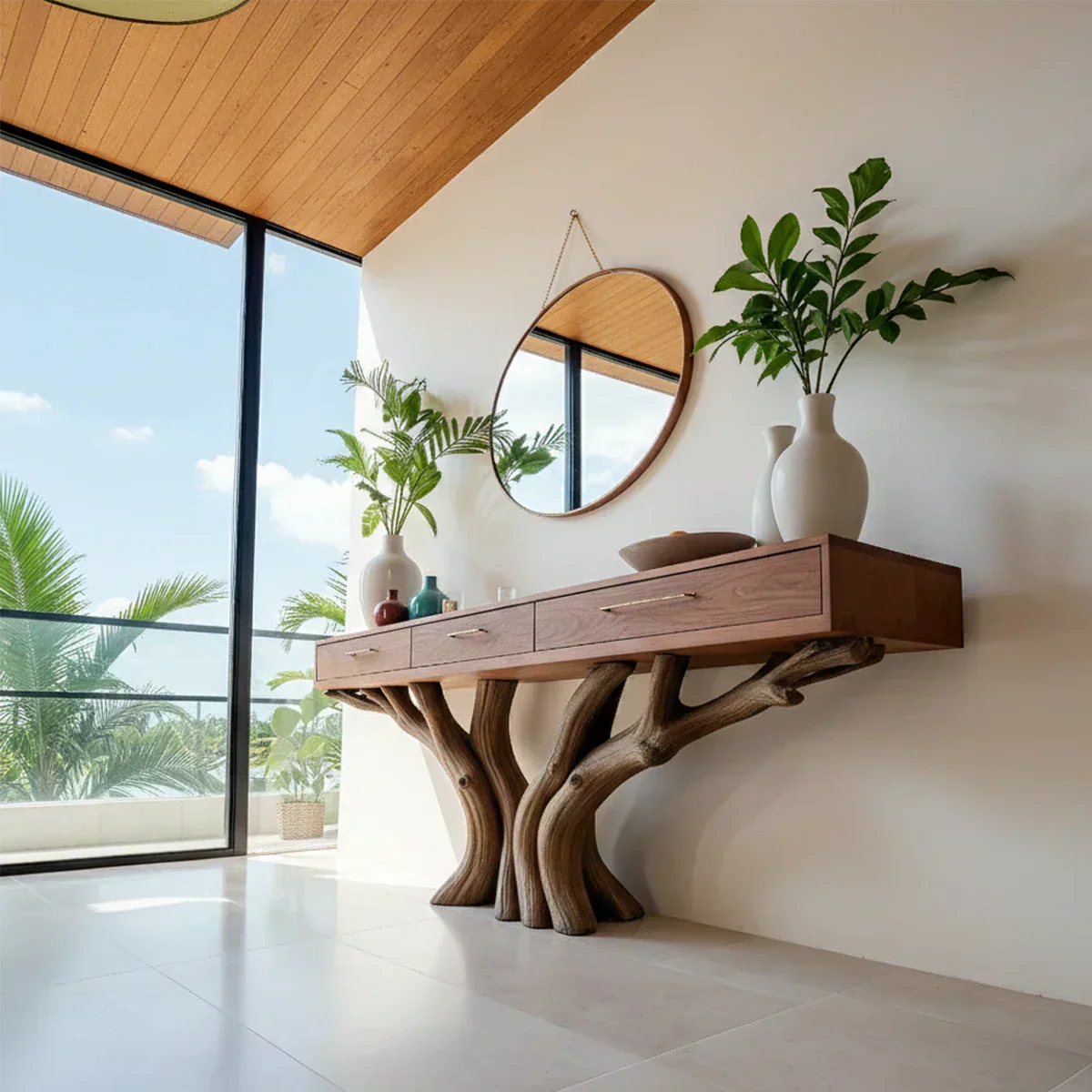 Solid Wood Console Table with Double Tree-Root Sculptural Base & Drawers - Rustiracraft