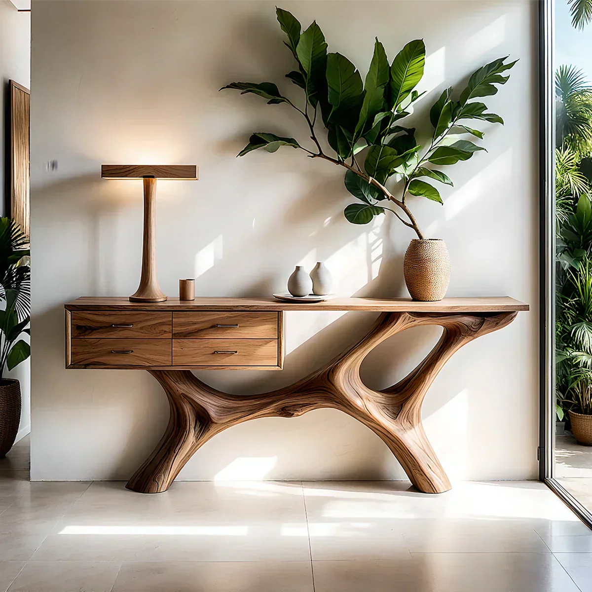 Solid Wood Console Table with Fluid Sculptural Base & Drawers - Rustiracraft