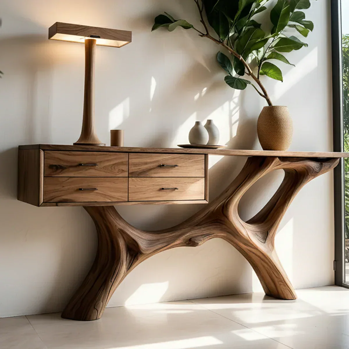 Solid Wood Console Table with Fluid Sculptural Base & Drawers - Rustiracraft