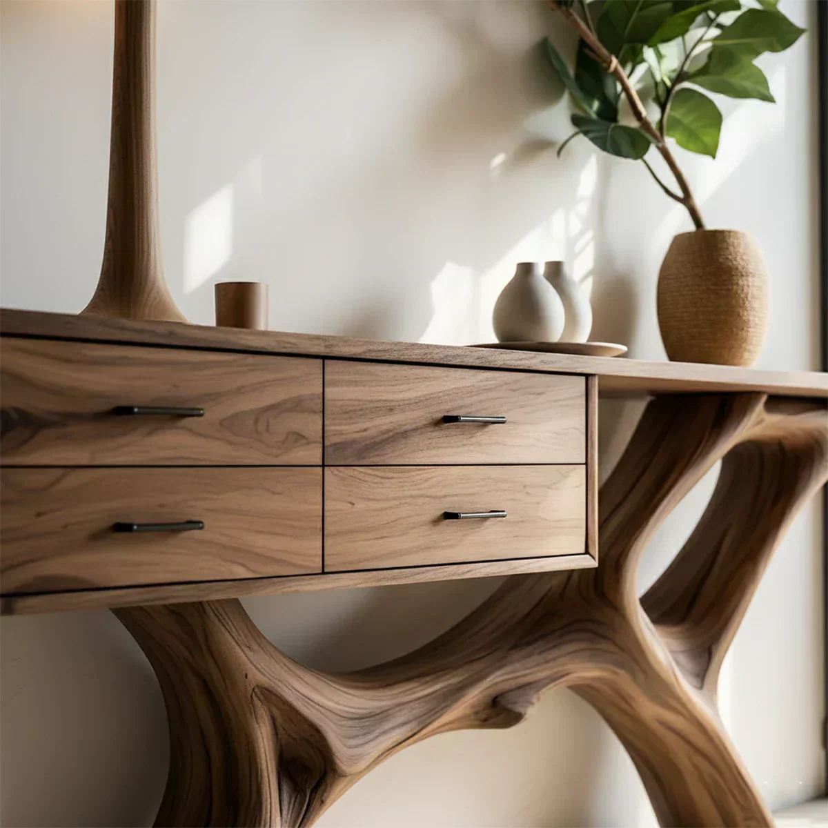 Solid Wood Console Table with Fluid Sculptural Base & Drawers - Rustiracraft