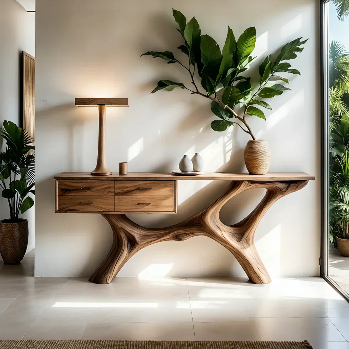 Solid Wood Console Table with Fluid Sculptural Base & Drawers - Rustiracraft