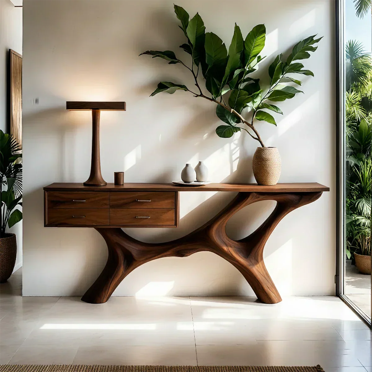 Solid Wood Console Table with Fluid Sculptural Base & Drawers - Rustiracraft