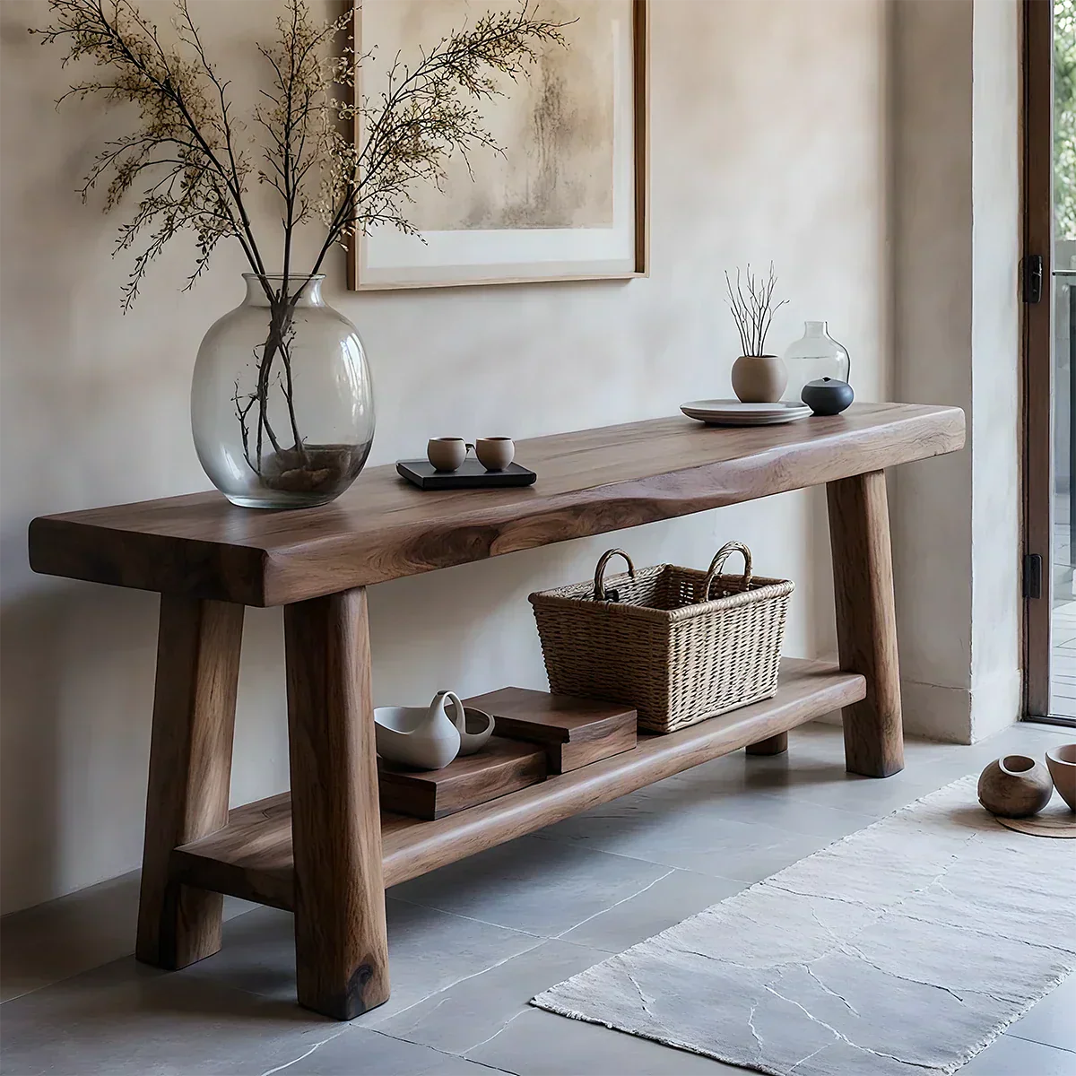 Solid Wood Console Table with Lower Shelf – Modern Natural Craft - Rustiracraft