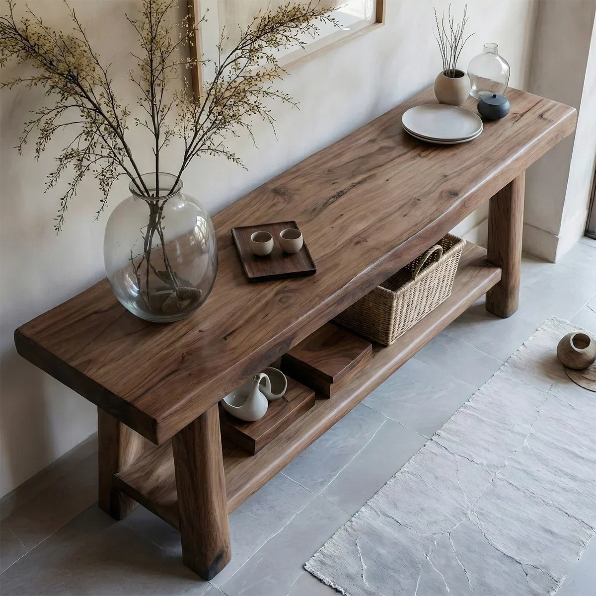 Solid Wood Console Table with Lower Shelf – Modern Natural Craft - Rustiracraft