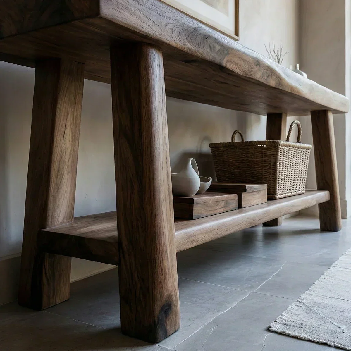 Solid Wood Console Table with Lower Shelf – Modern Natural Craft - Rustiracraft