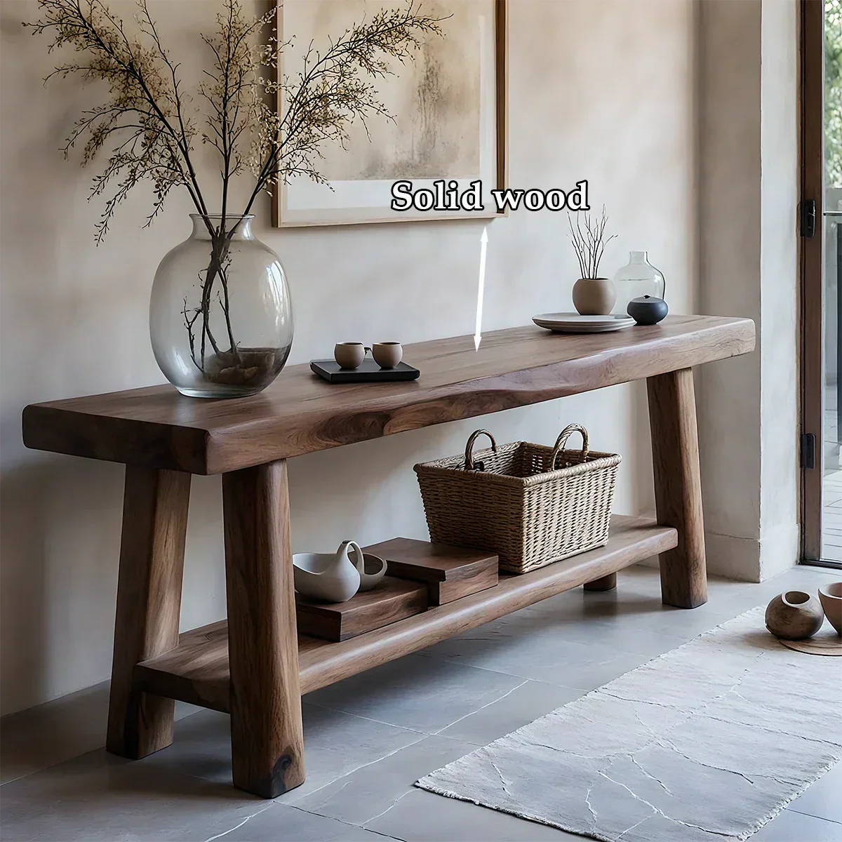 Solid Wood Console Table with Lower Shelf – Modern Natural Craft - Rustiracraft
