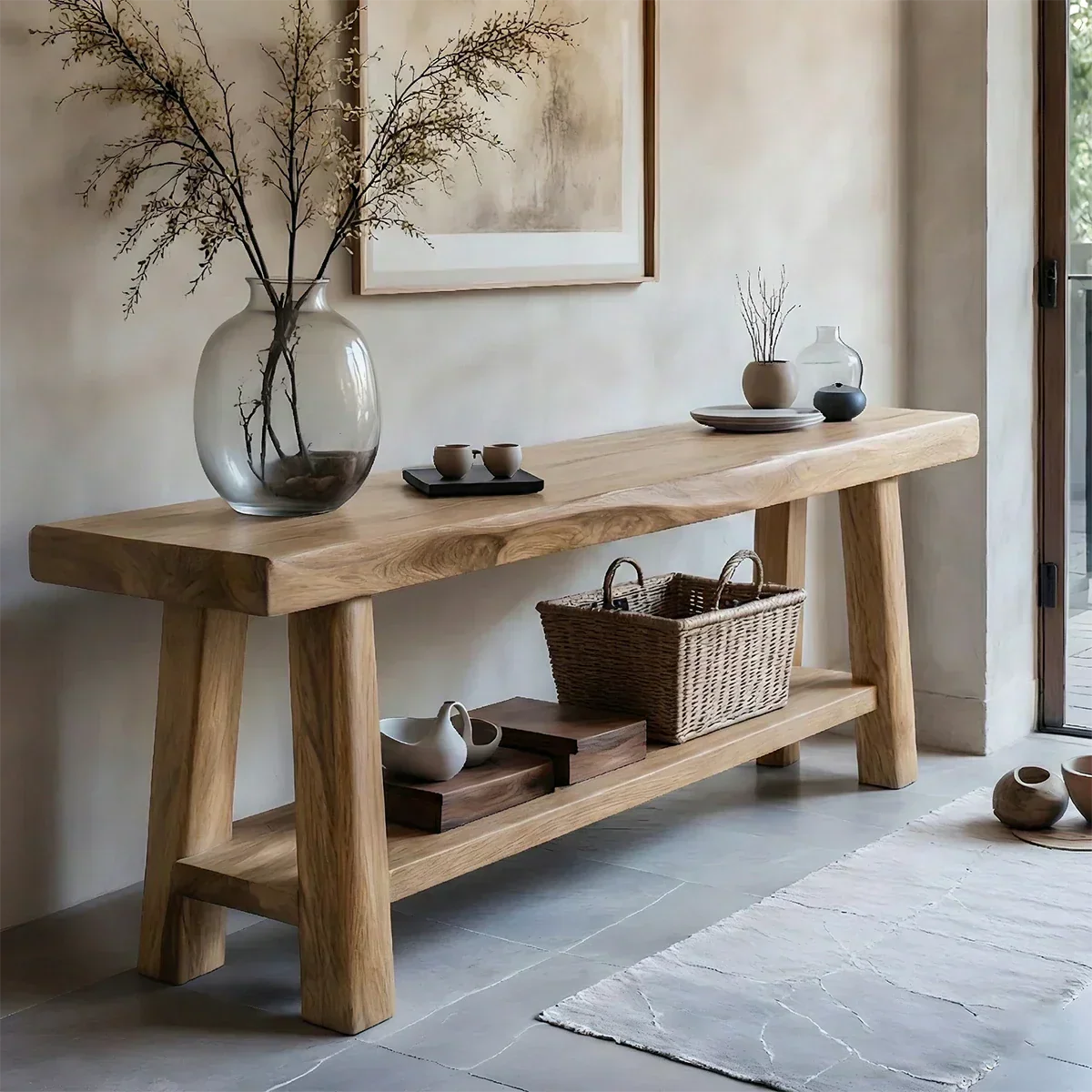 Solid Wood Console Table with Lower Shelf – Modern Natural Craft - Rustiracraft