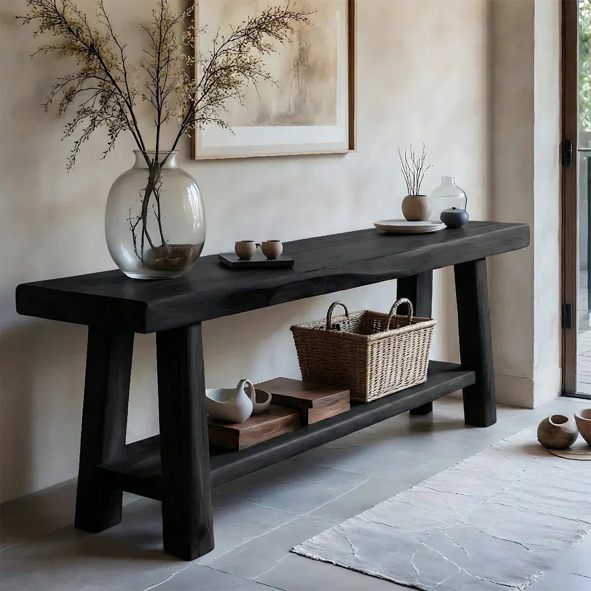 Solid Wood Console Table with Lower Shelf – Modern Natural Craft - Rustiracraft