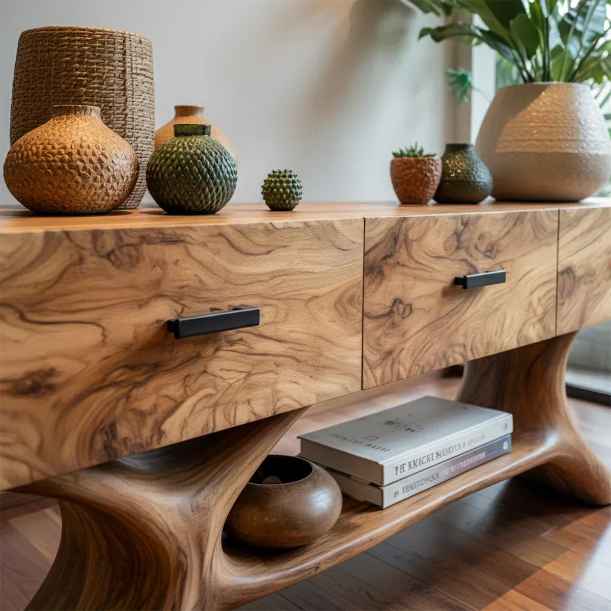 Solid Wood Console Table with Organic Sculptural Base & Drawers - Rustiracraft