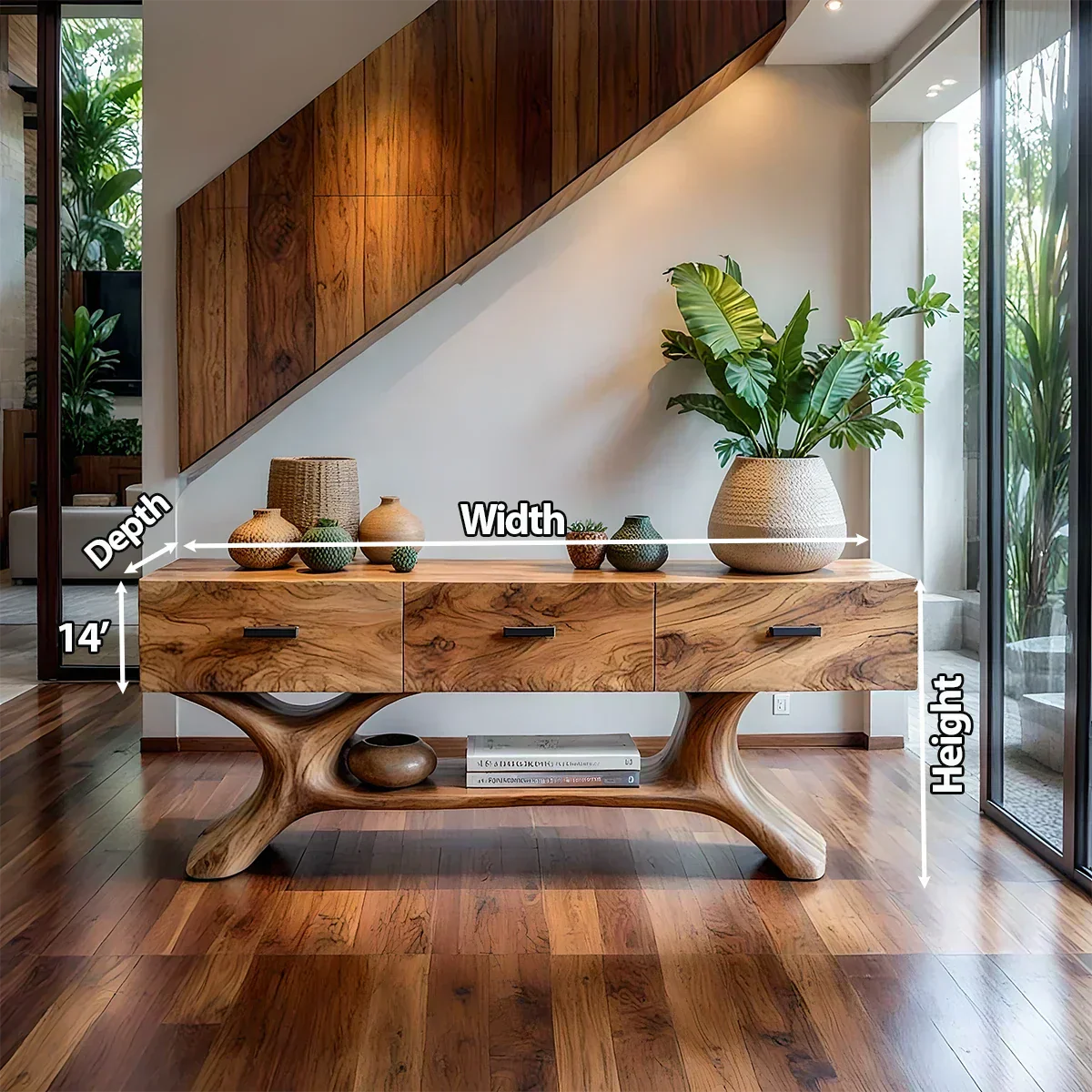 Solid Wood Console Table with Organic Sculptural Base & Drawers - Rustiracraft