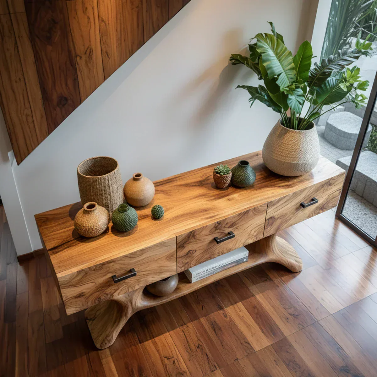 Solid Wood Console Table with Organic Sculptural Base & Drawers - Rustiracraft