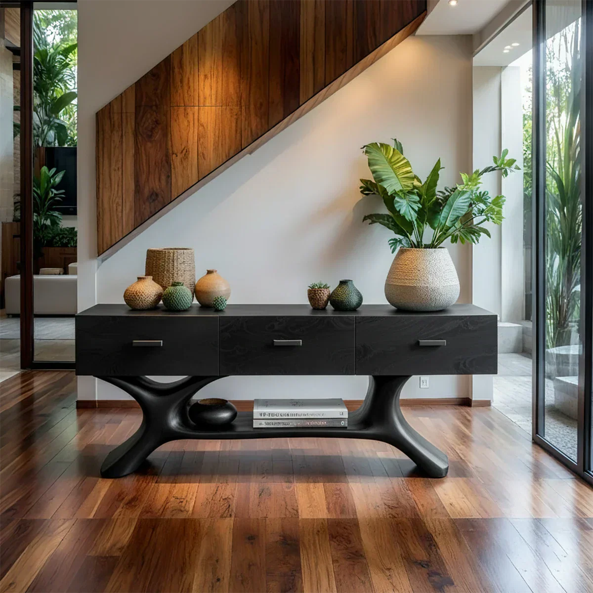 Solid Wood Console Table with Organic Sculptural Base & Drawers - Rustiracraft