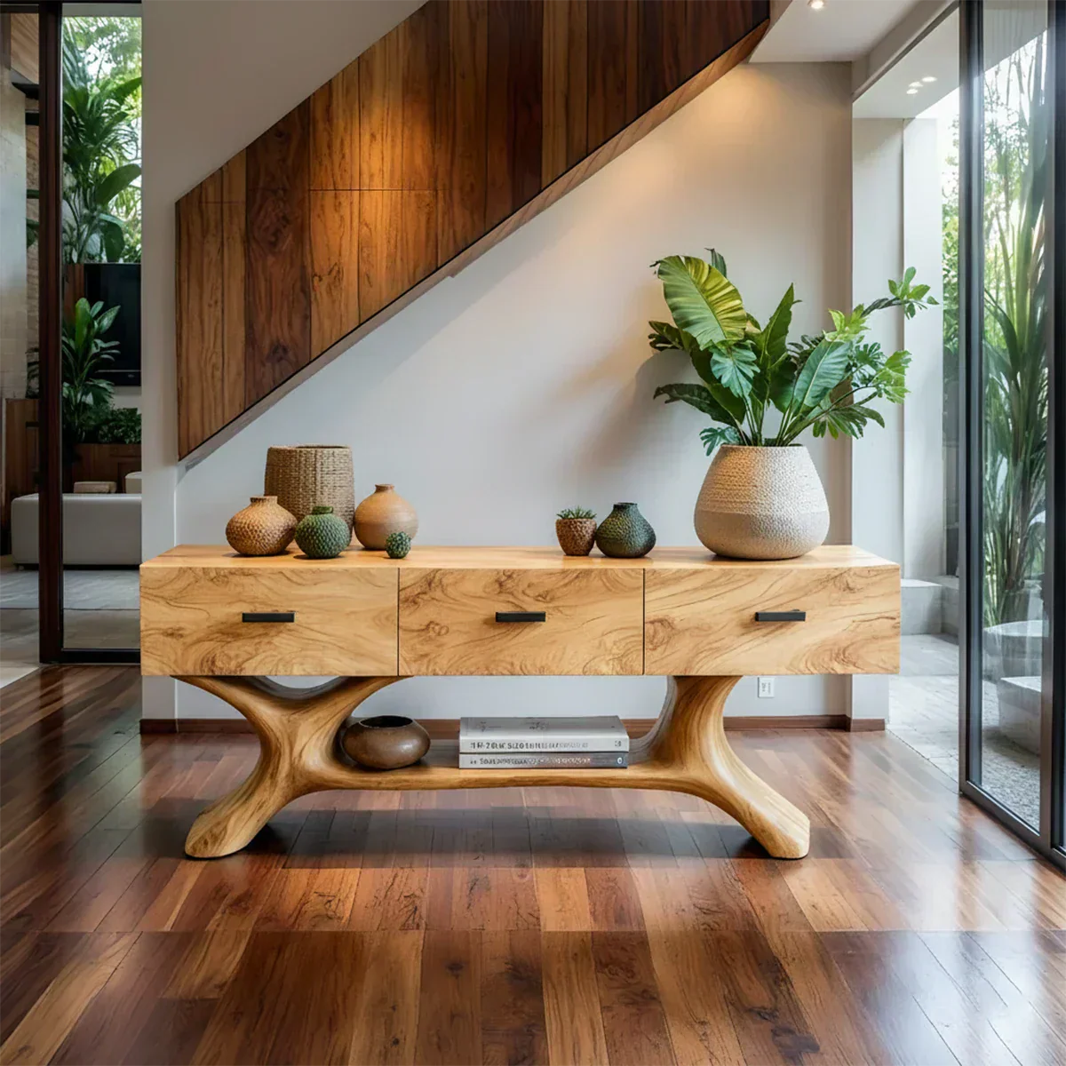 Solid Wood Console Table with Organic Sculptural Base & Drawers - Rustiracraft