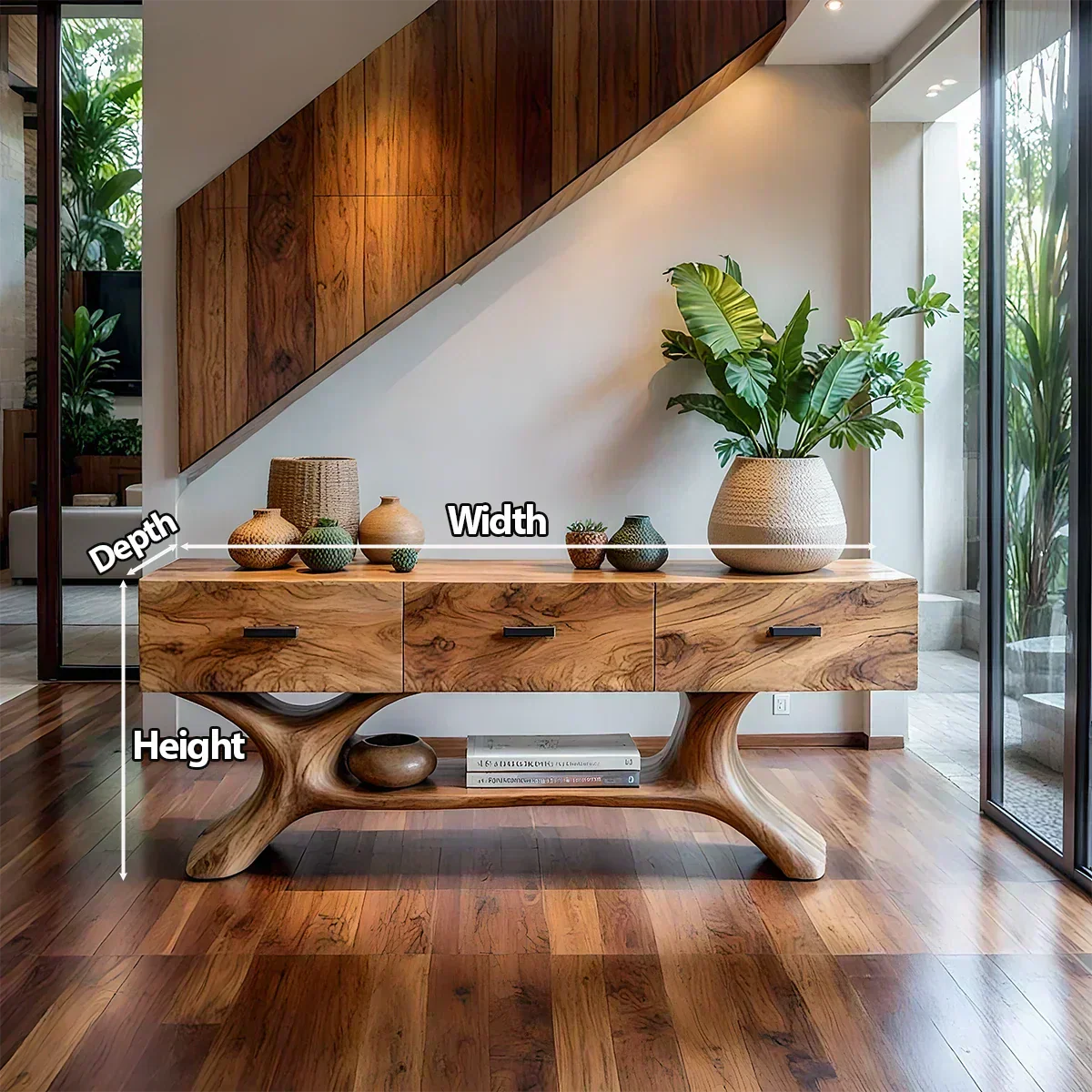 Solid Wood Console Table with Organic Sculptural Base & Drawers - Rustiracraft
