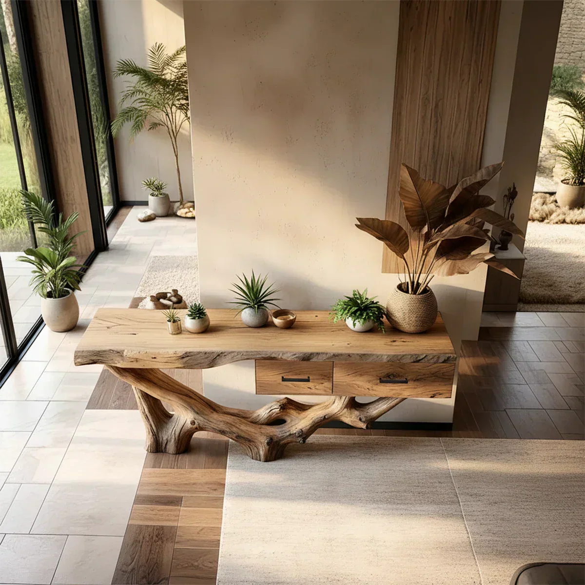 Solid Wood Console Table with Raw-Edge Top & Sculpted Root-Form Base - Rustiracraft