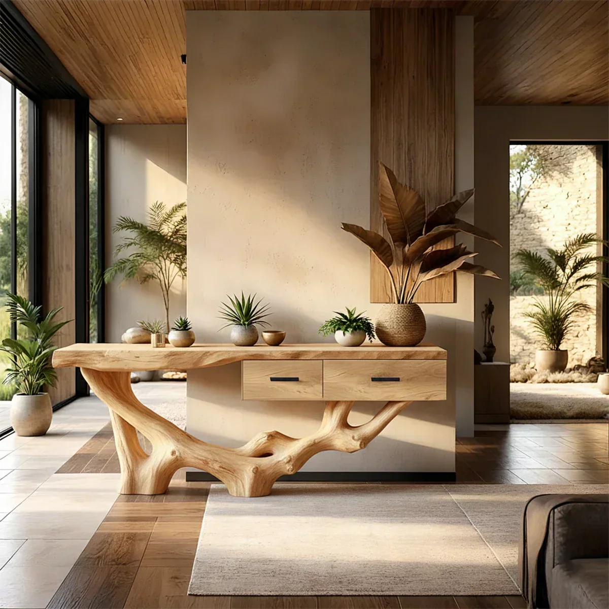 Solid Wood Console Table with Raw-Edge Top & Sculpted Root-Form Base - Rustiracraft