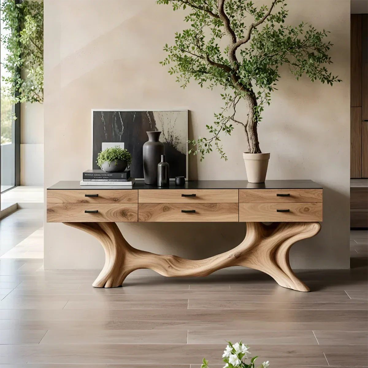 Solid Wood Console Table with Sculpted Branch-Form Base & Drawers - Rustiracraft