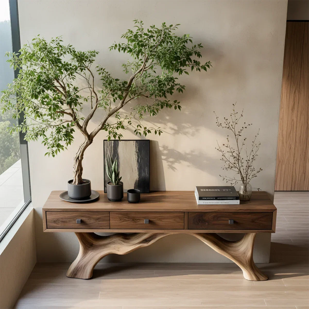 Solid Wood Console Table with Sculpted Root-Inspired Base & Drawers - Rustiracraft