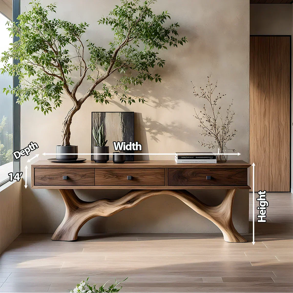 Solid Wood Console Table with Sculpted Root-Inspired Base & Drawers - Rustiracraft