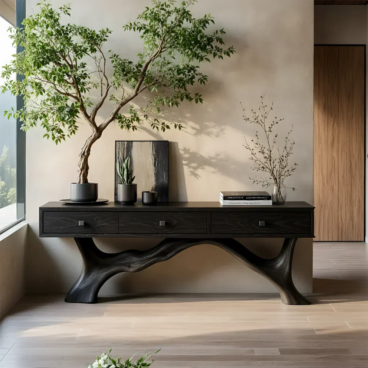 Solid Wood Console Table with Sculpted Root-Inspired Base & Drawers - Rustiracraft