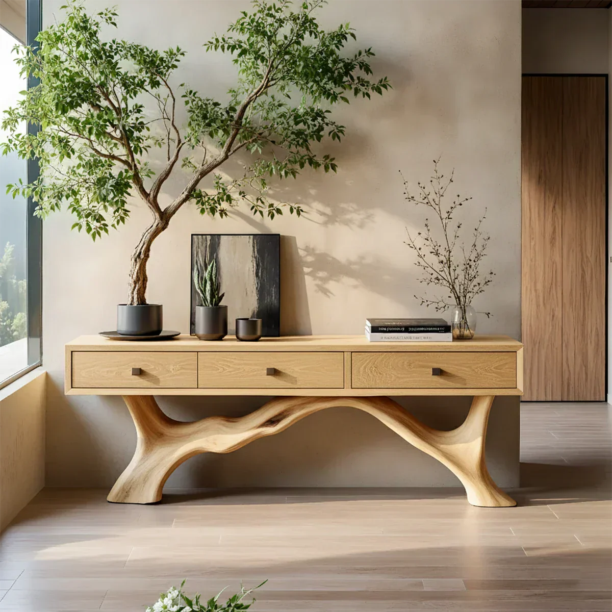 Solid Wood Console Table with Sculpted Root-Inspired Base & Drawers - Rustiracraft
