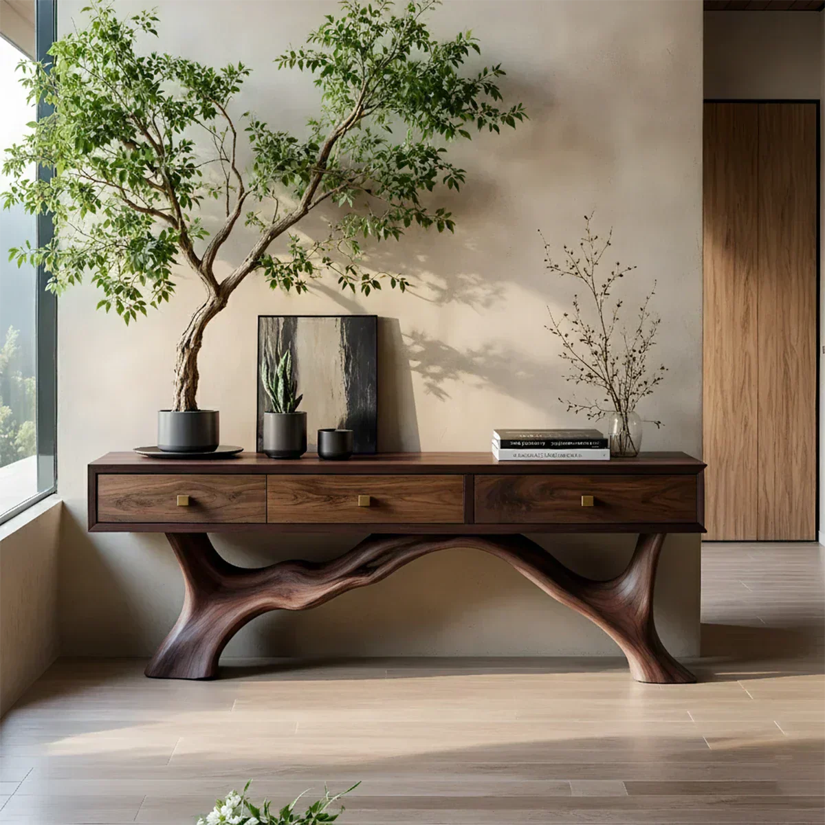 Solid Wood Console Table with Sculpted Root-Inspired Base & Drawers - Rustiracraft