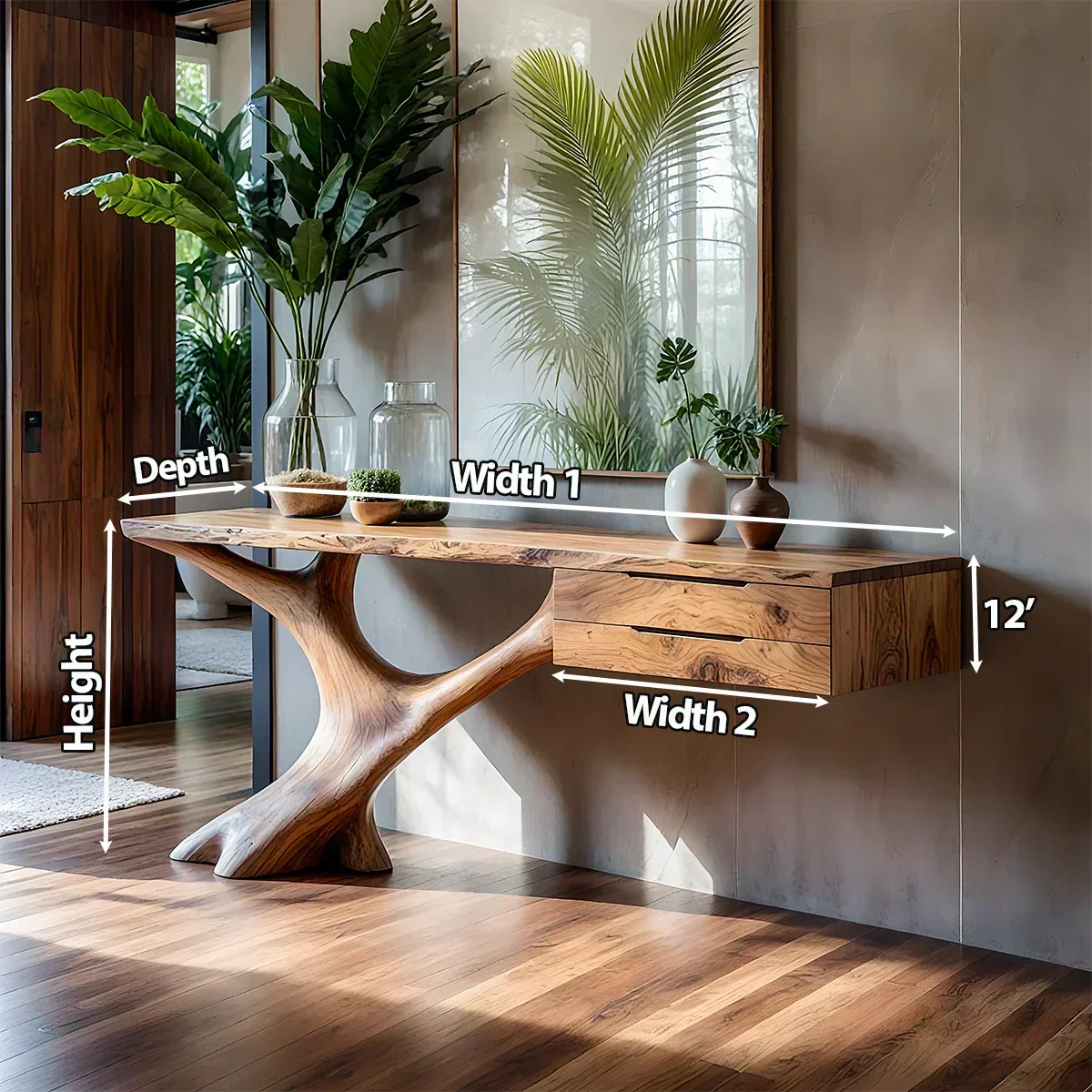 Solid Wood Console Table with Sculpted Tree-Root Base & Floating Drawers - Rustiracraft