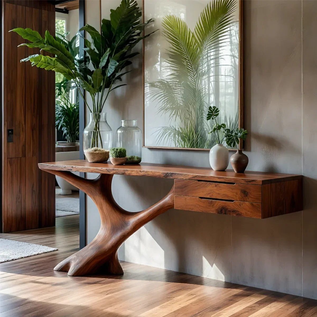 Solid Wood Console Table with Sculpted Tree-Root Base & Floating Drawers - Rustiracraft