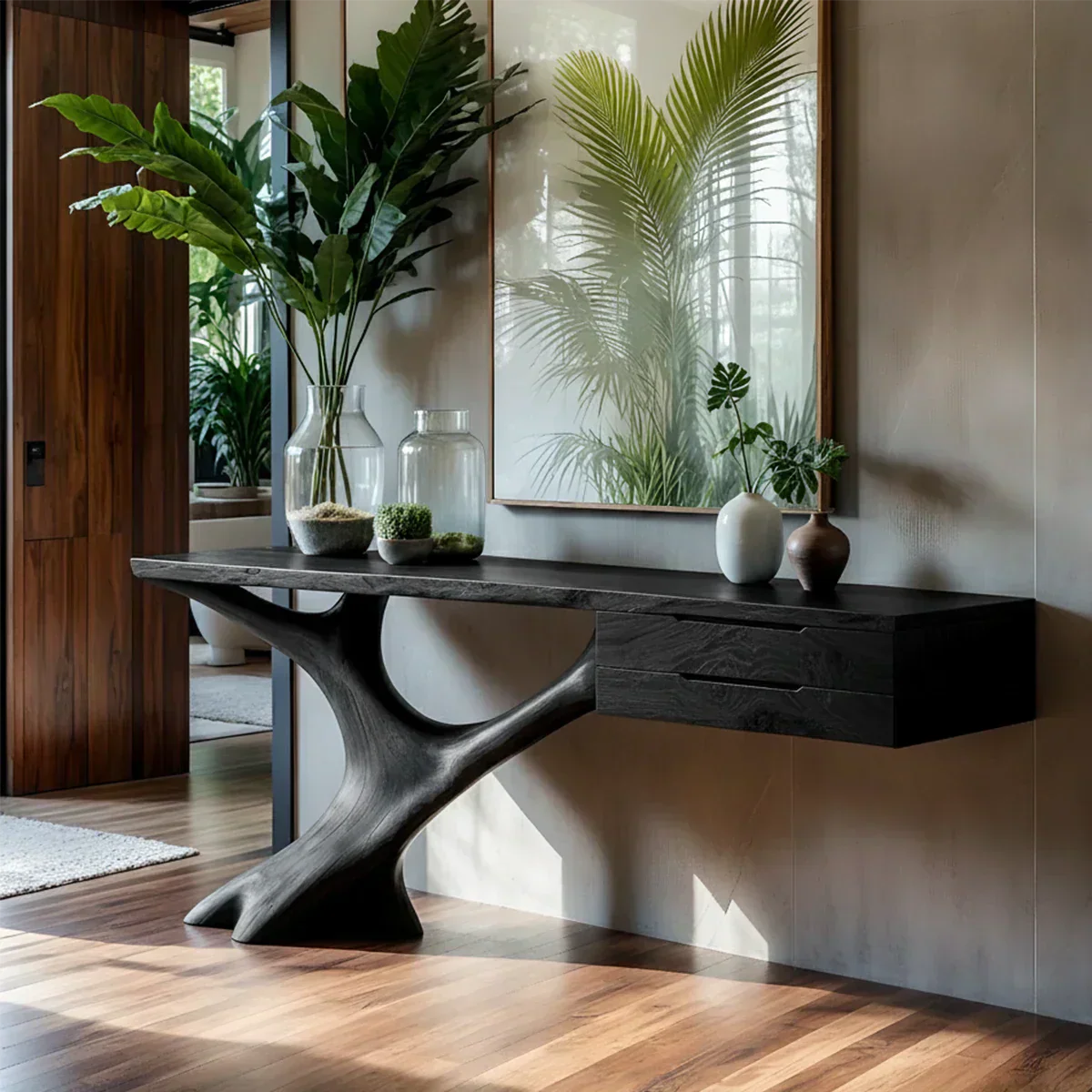 Solid Wood Console Table with Sculpted Tree-Root Base & Floating Drawers - Rustiracraft