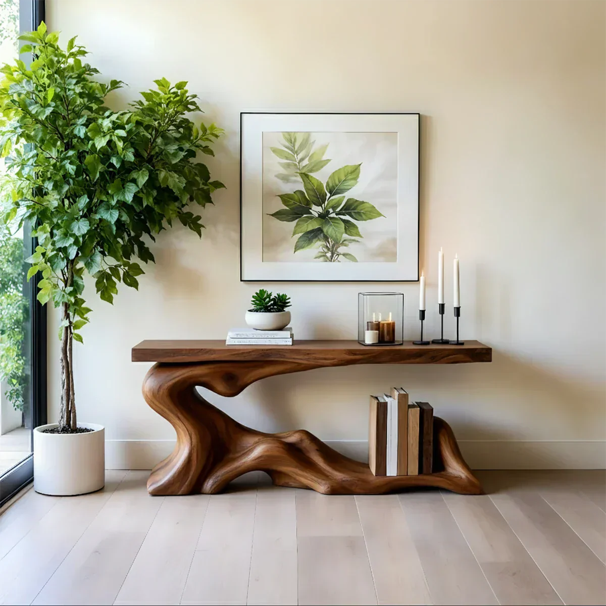 Solid Wood Console Table with Sculpted Wave-Form Base - Rustiracraft