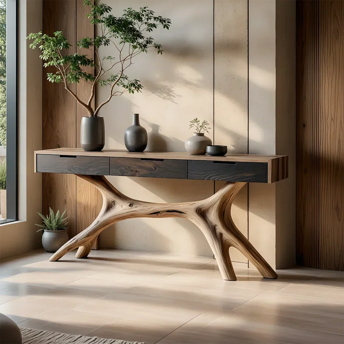 Solid Wood Console Table with Sculptural Branch-Form Base & Drawers - Rustiracraft