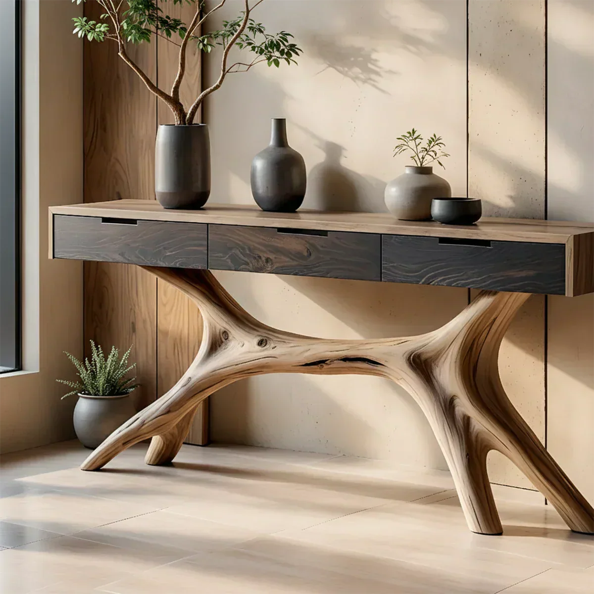 Solid Wood Console Table with Sculptural Branch-Form Base & Drawers - Rustiracraft